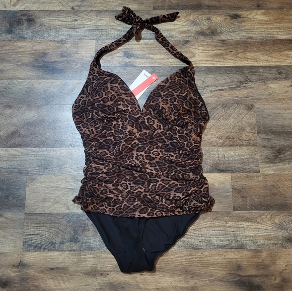 Popilush Leopard Print V Neck Halter Tummy Control One Piece Swimsuit Size L - Picture 7 of 12